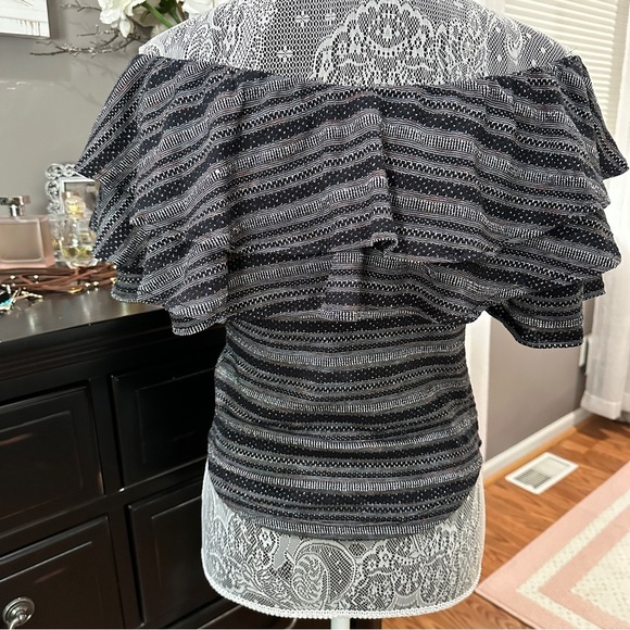 Free People Black Combo Off-Shoulder Ruffle Smocked Top | Size Large - Picture 4 of 16